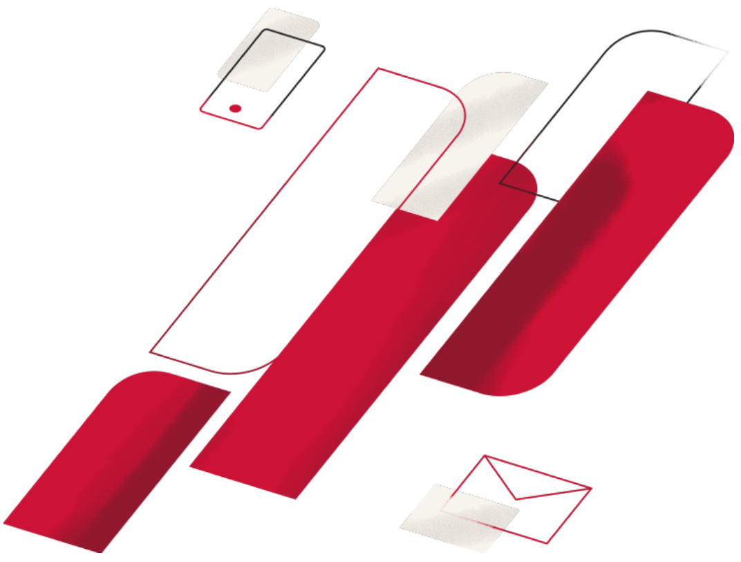 Illustration of red Paradigm brand shapes with a phone and an envelope
