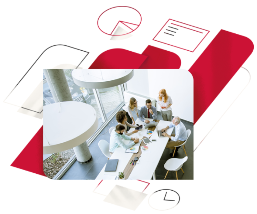 Team collaborating around a conference table, framed by red Paradigm brand shapes