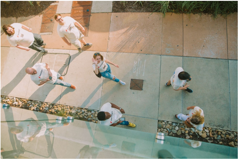 Overhead view of Paradigm team members walking on a plaza